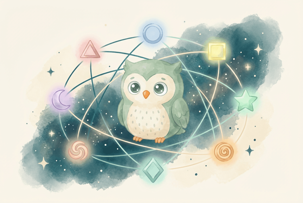 Owl mascot surrounded by glowing cognitive function symbols, PersonaDepth