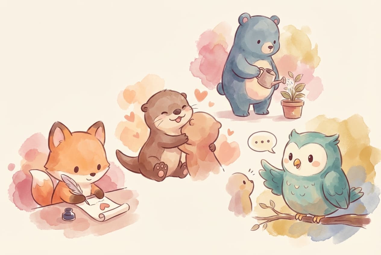 Four mascots each showing love in their own way, MBTI love languages by PersonaDepth