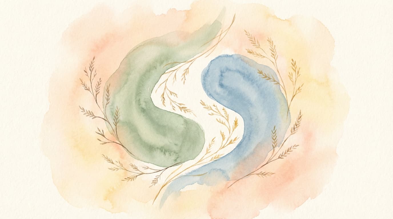 Soft abstract watercolor of two shapes gently touching, attachment and connection